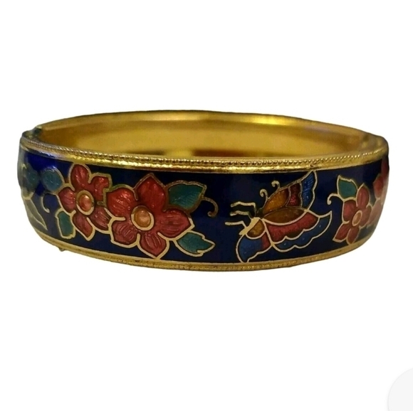 Vintage Cloisonne Cobalt Blue Gold Tone Hinge Clasp Floral Butterflies Bracelet - Picture 1 of 5